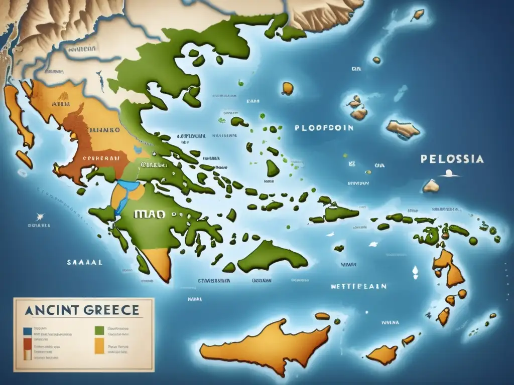 Mapa de la antigua Grecia con alianzas de la guerra del Peloponeso: detallado, minimalista y auténtico