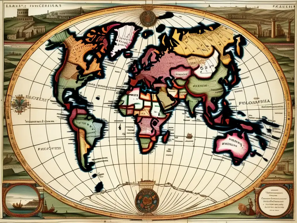 Innovaciones geográficas de Ptolomeo: mapa antiguo detallado con regiones y landmarks