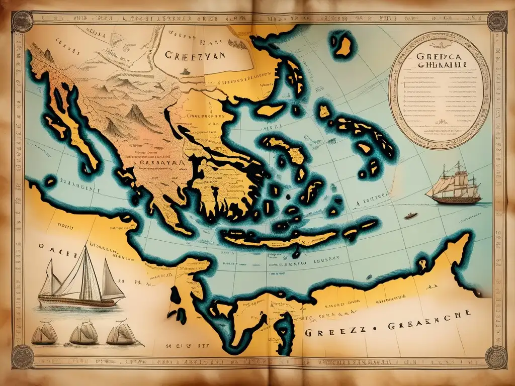 Explorando mapas antiguos de Grecia: detalle ilustrado en pergamino con montañas, ríos, costas, islas y ciudades