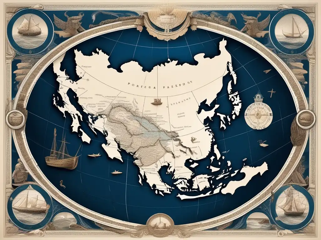 Influencia mitológica en navegación griega: mapa marítimo griego con deidades y criaturas, destacando Poseidón y aspectos marinos