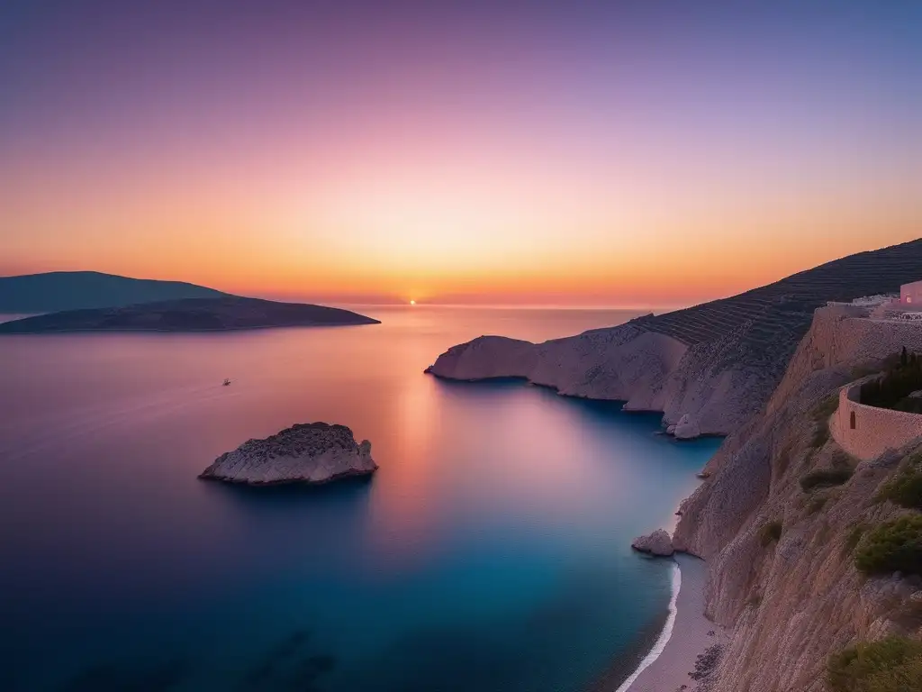 Influencia del mar en Grecia: paisaje sereno y detallado de la costa griega al atardecer