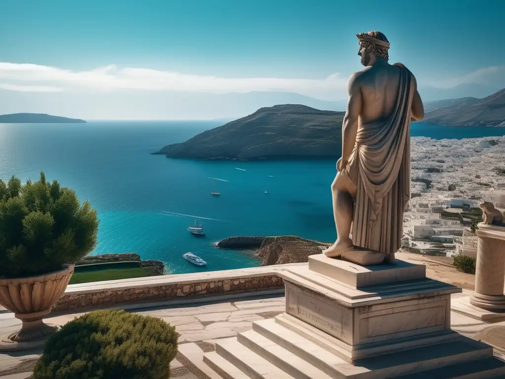 Estatua de mármol de Apolo, Ankh griego: amuleto de vida antiguo, en una isla griega pintoresca