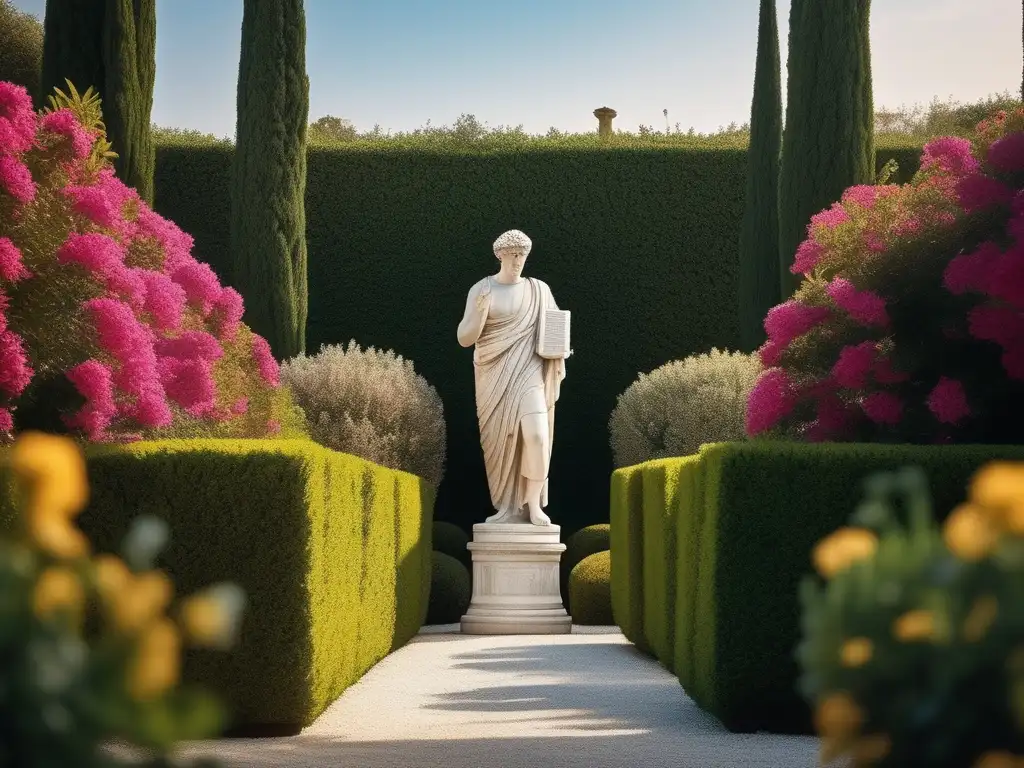 Influencia del pensamiento helenístico en Occidente: Jardín griego sereno con estatua de filósofo, biblioteca y belleza natural