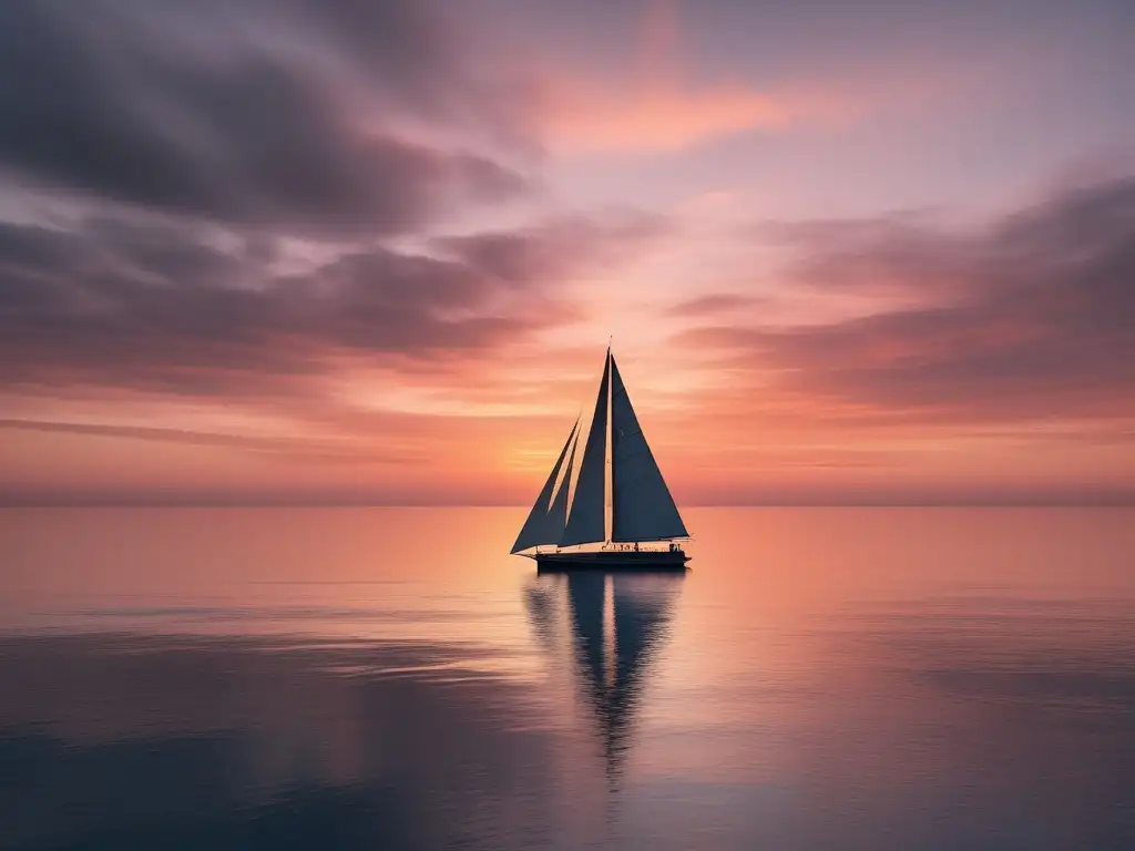 Influencia de los Dioses del Mar en la Navegación: Sereno paisaje marino al atardecer, con barco navegando y colores suaves