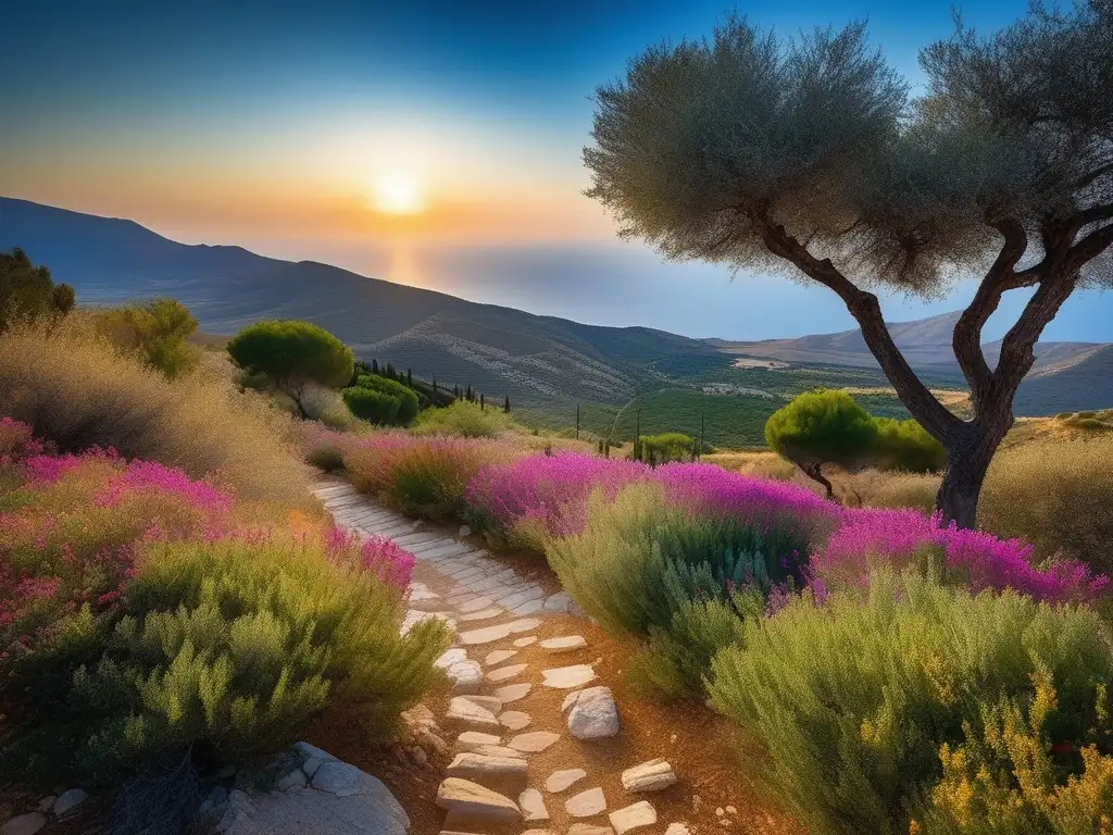 Influencia de Creta en civilización griega: paisaje antiguo, valle verde con flores, olivos, mar Egeo, cielo azul, Palacio de Knossos