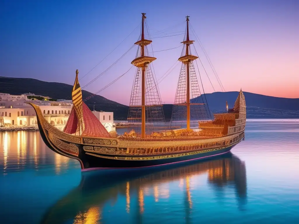 Viajes marítimos en la Antigua Grecia: Puerto griego antiguo con un majestuoso barco trireme y vibrante mercado