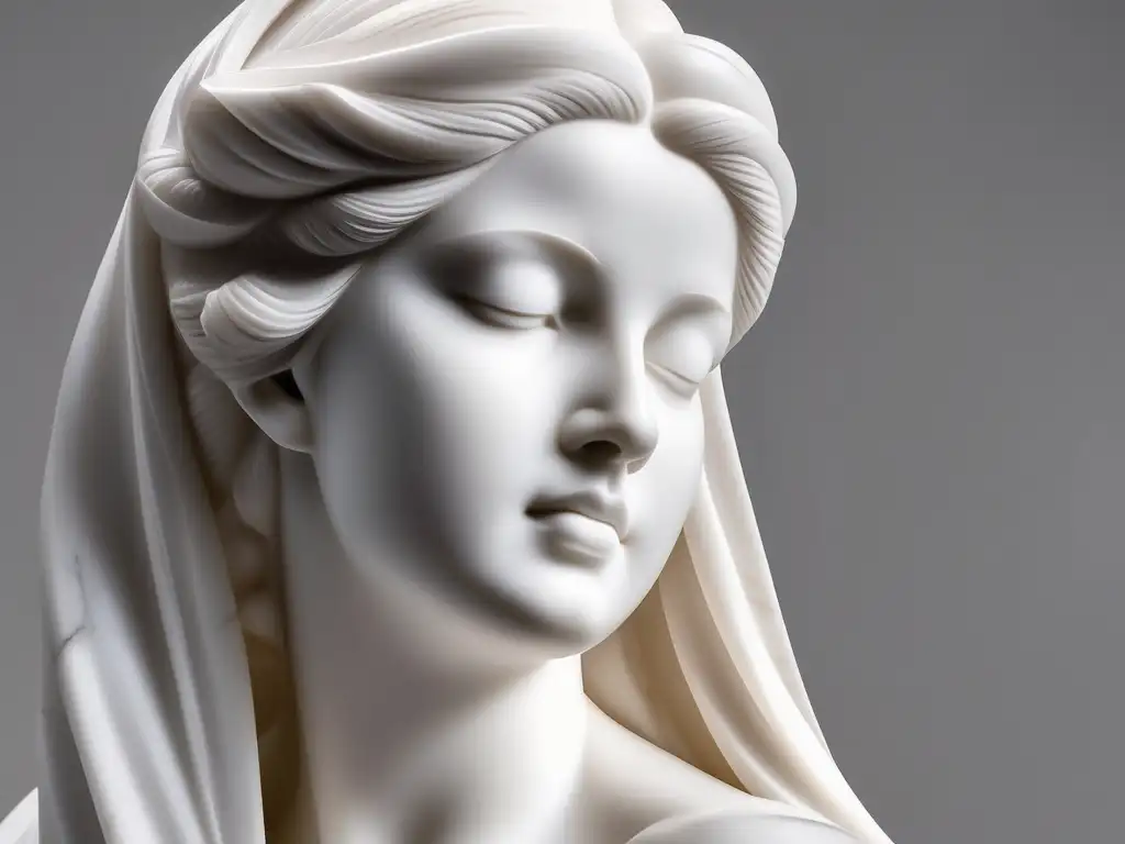 Escultura revolucionaria en la Antigua Grecia: Una figura femenina de mármol blanco, elegante y delicada, con detalles meticulosos