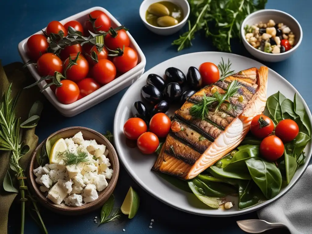 Plato mediterráneo con ingredientes frescos y coloridos, siguiendo los hábitos saludables de Alejandro Magno