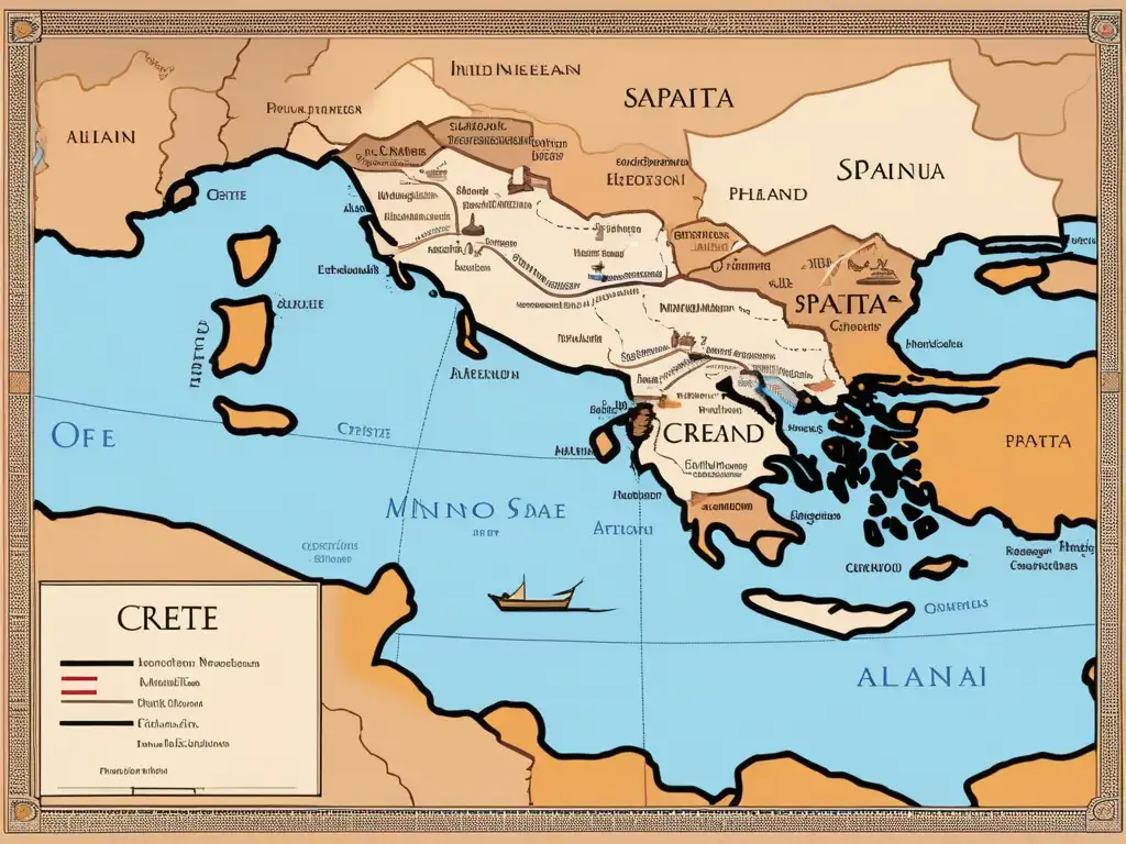 Mapa detallado de la antigua región del Mediterráneo, destacando la influencia de Creta en la guerra minoica