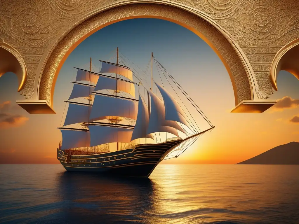 Expansión comercial en Grecia: barco griego elegante navega en el Mediterráneo, con el sol poniéndose en el horizonte y una colonia griega al fondo