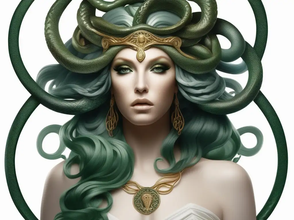 Medusa: Monstruosa belleza, serpientes, ojos dorados, tatuajes serpenteantes, pelo esmeralda