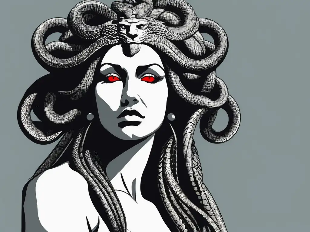 Ilustración impresionante de Medusa, la gorgona de la mitología griega, destacando su poder y fascinación