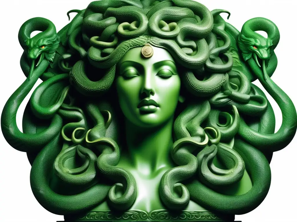 Imagen impactante: Medusa, Gorgona icónica en la mitología griega, enfocada en su rostro expresivo