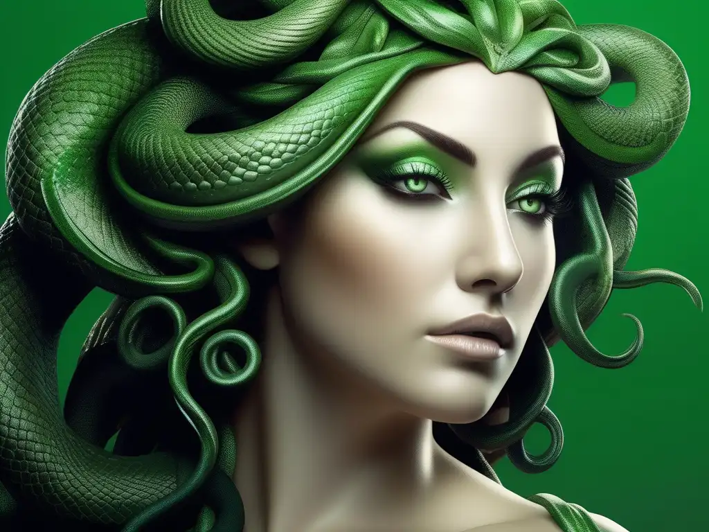 Medusa: La Gorgona mítica con su mirada hipnotizante y peligrosa en una imagen detallada, realista y minimalista