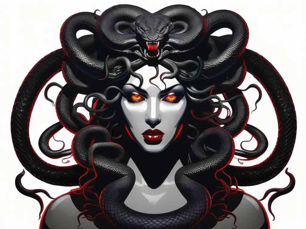 Medusa: historia y transformación, imagen detallada y minimalista de su forma monstruosa con serpientes y expresión terrorífica