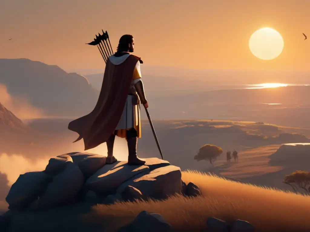 Mensajero solitario en batalla Mensajeros en la guerra de la Antigua Grecia: Solitario mensajero en un acantilado, con soldados en combate y el sol poniéndose al fondo