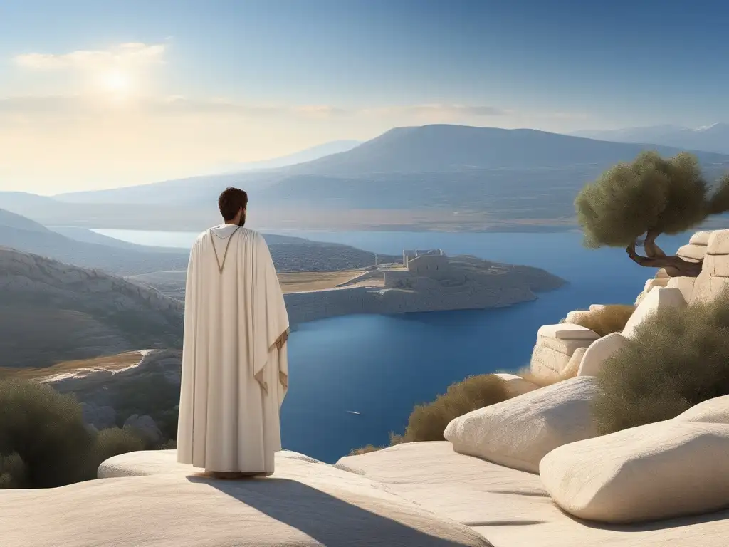 Paisaje épico de la antigua Grecia Mensajeros en guerra antigua Grecia: paisaje panorámico, montañas, mensajero solitario, scroll y símbolo alado