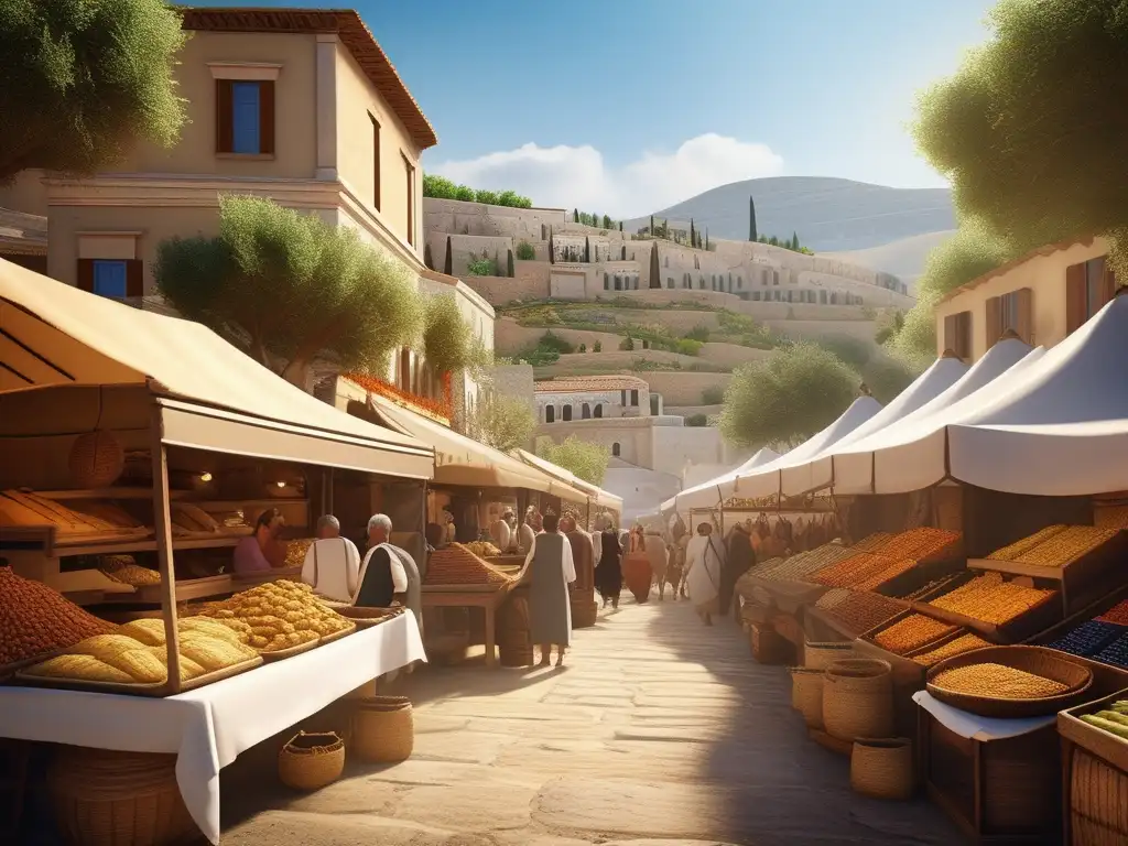 Importancia del trueque en la Antigua Grecia: Mercado bullicioso y vibrante en paisaje sereno