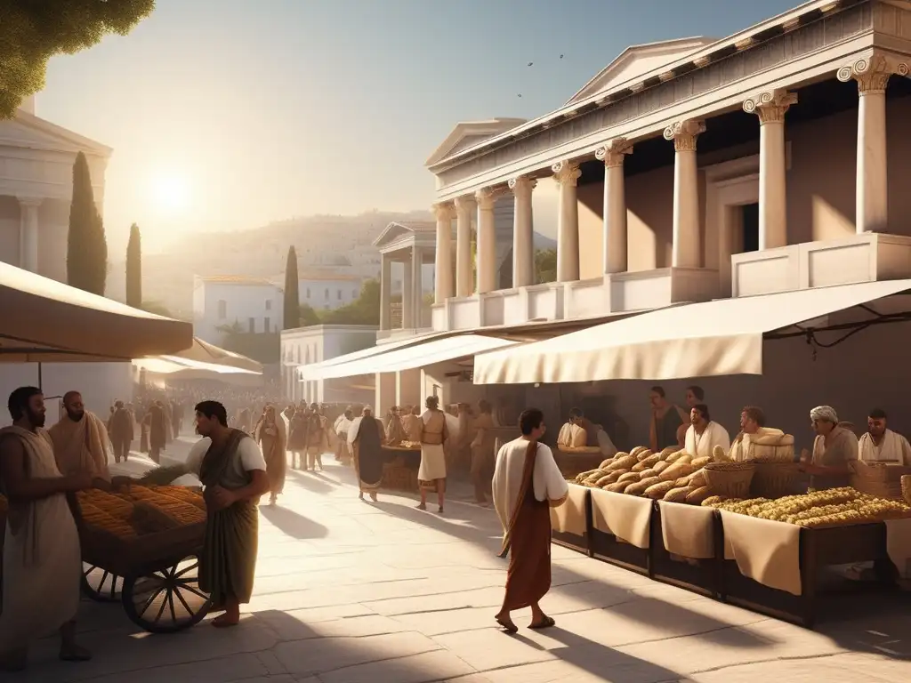 Escena animada en una antigua ciudad griega, resaltando el impacto económico de la esclavitud en la Antigua Grecia