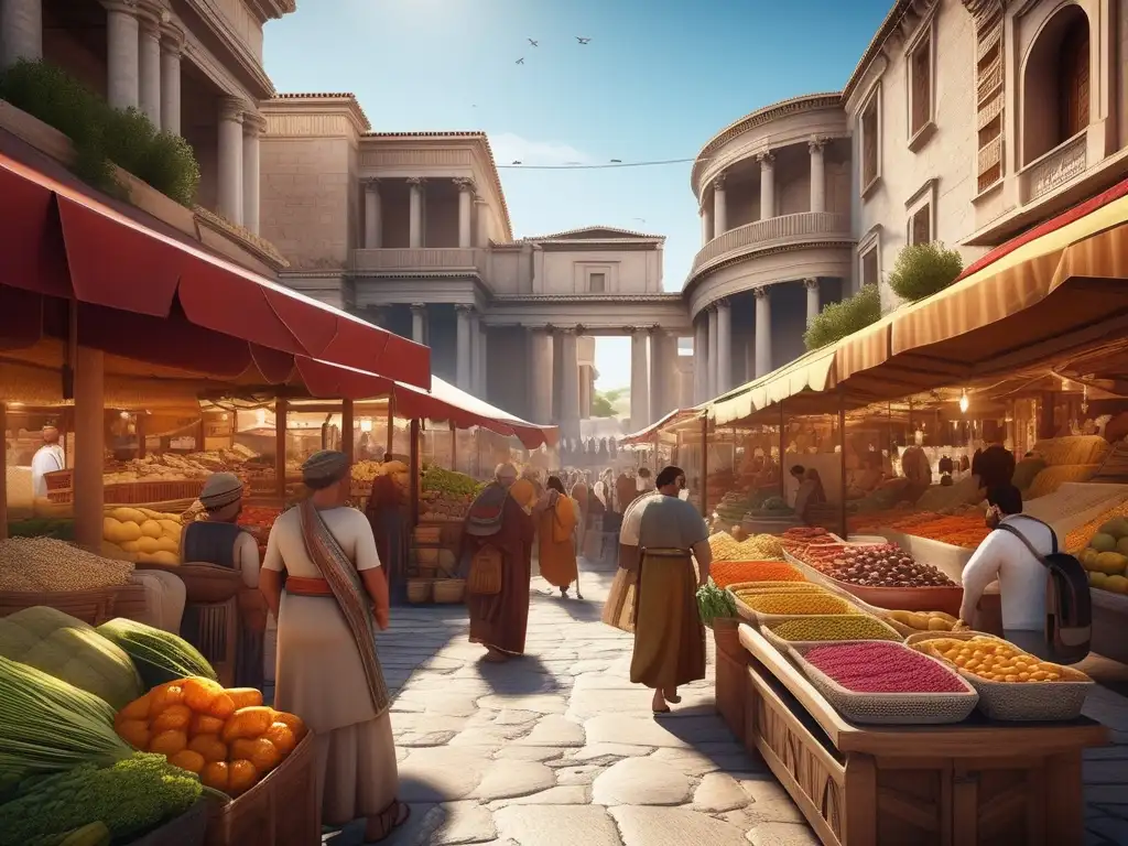 Vida cotidiana en mercado de la Antigua Grecia: imagen 8k ultradetallada muestra bullicioso mercado con colores vibrantes y detalles intrincados