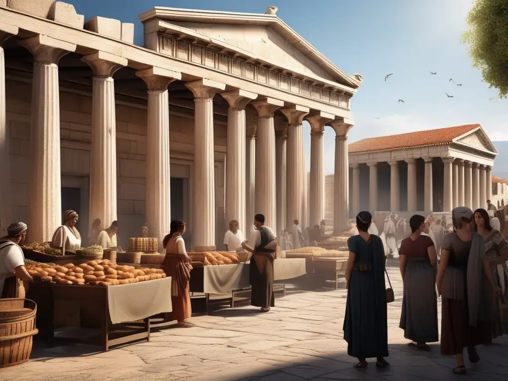 Mujeres de Corinto en la sociedad antigua: animado mercado antiguo con mujeres comerciantes, artistas y discutiendo (110 caracteres)