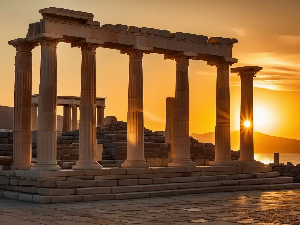 Mercado de Delos en Grecia al atardecer: actividad frenética, arquitectura clásica, productos variados