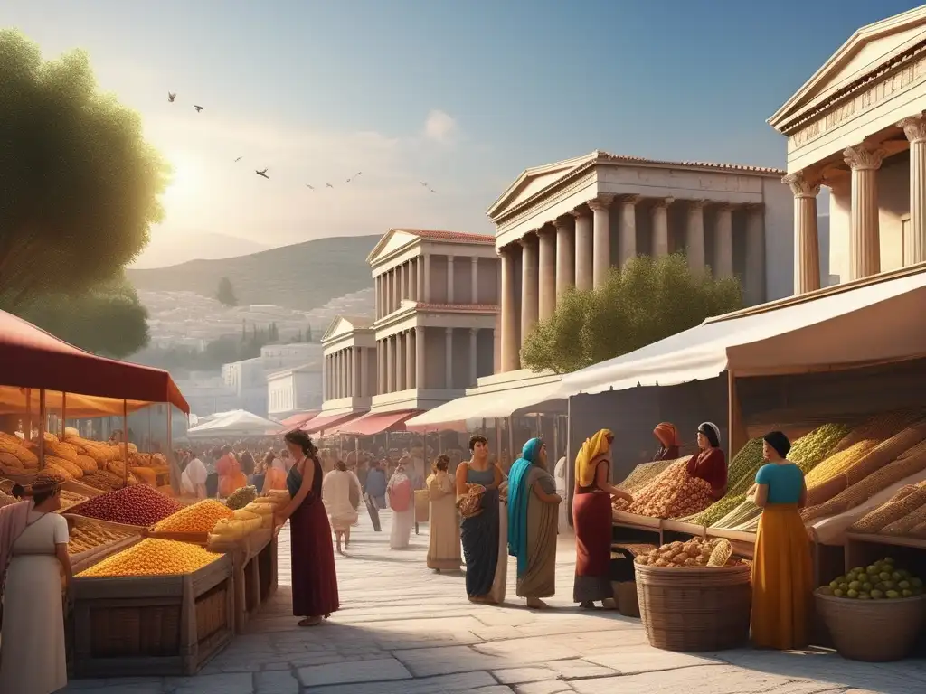 Importancia económica mujeres en Antigua Grecia, mercado bullicioso, colores vibrantes, actividad comercial diversa