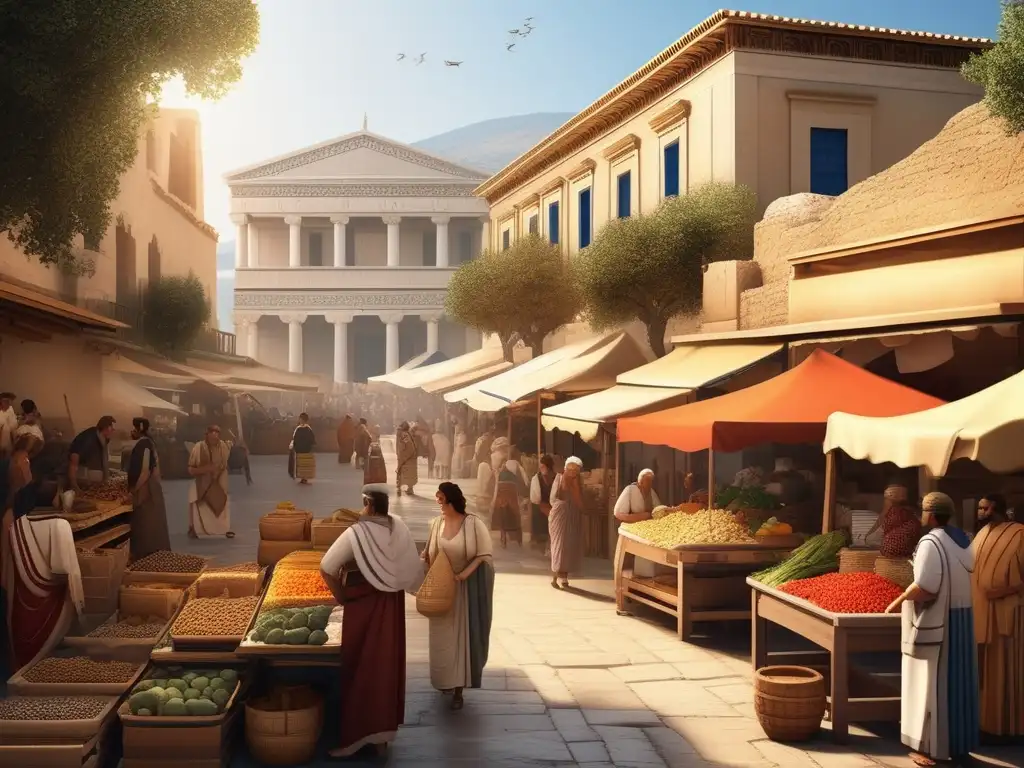 Mercado animado en la antigua Grecia Mercado antiguo en Grecia: Impuestos en la Antigua Grecia en una escena animada de comercio y vida cotidiana