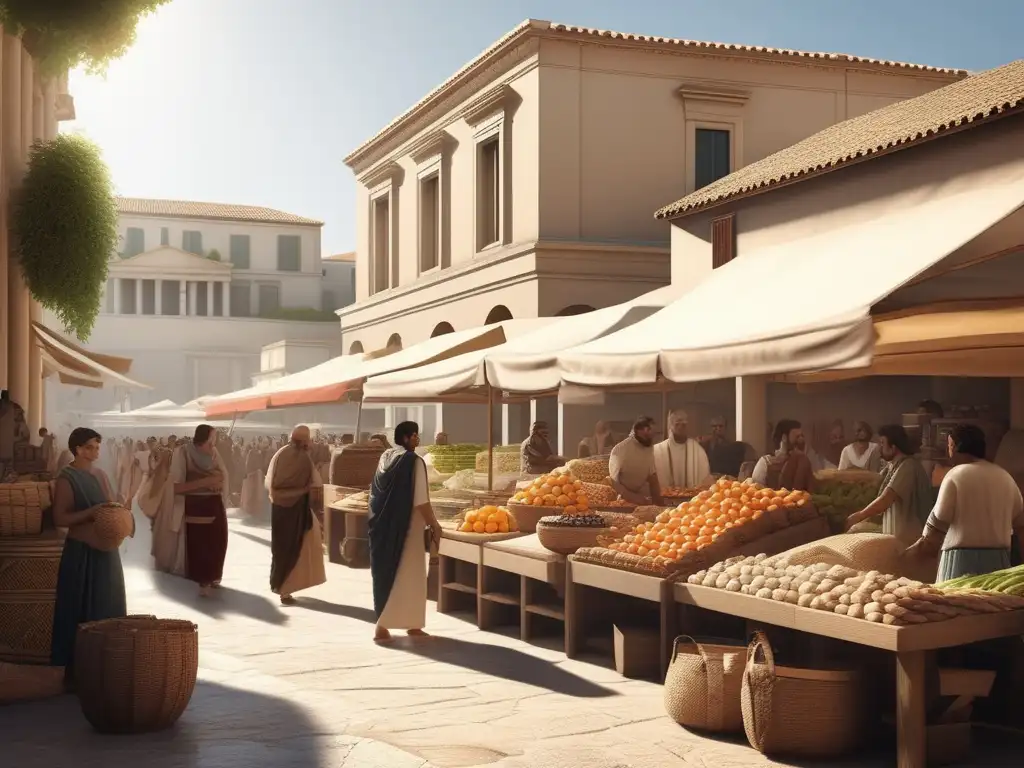 Importancia del trueque en la Antigua Grecia: Mercado animado con comerciantes intercambiando productos