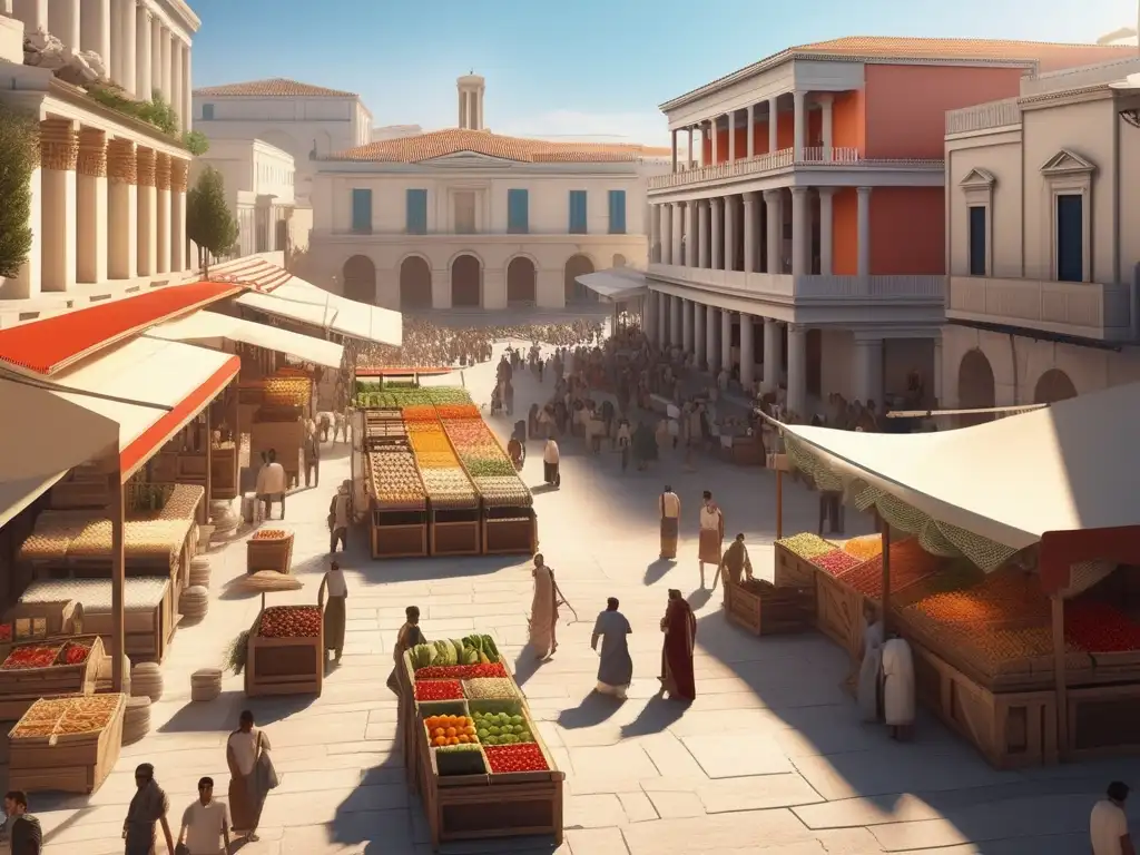 Expansión comercial de la Antigua Grecia: mercado animado con arquitectura griega, productos y comerciantes