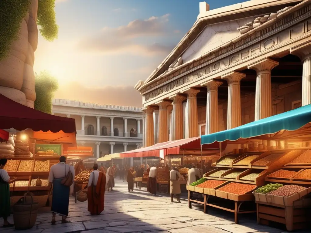 Economía antigua Grecia: Ferias y mercados, escena detallada con arquitectura, comercio, colores vibrantes y sentido de armonía