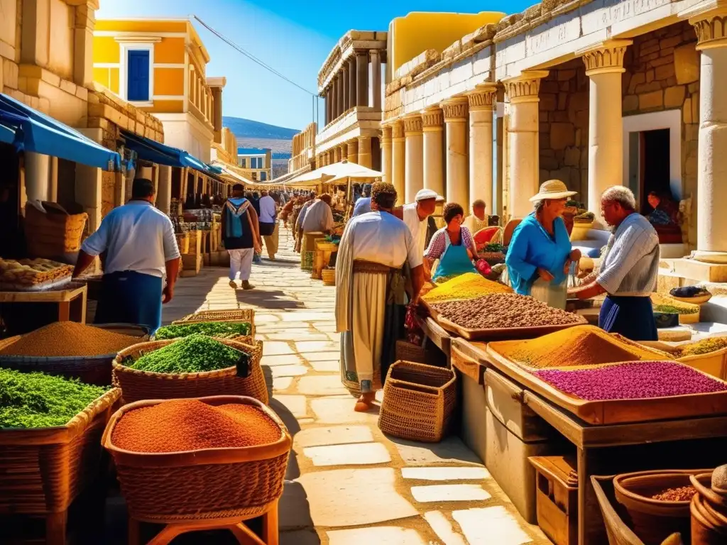 Mercado de Delos en Grecia: Escena animada con colores vibrantes y actividad