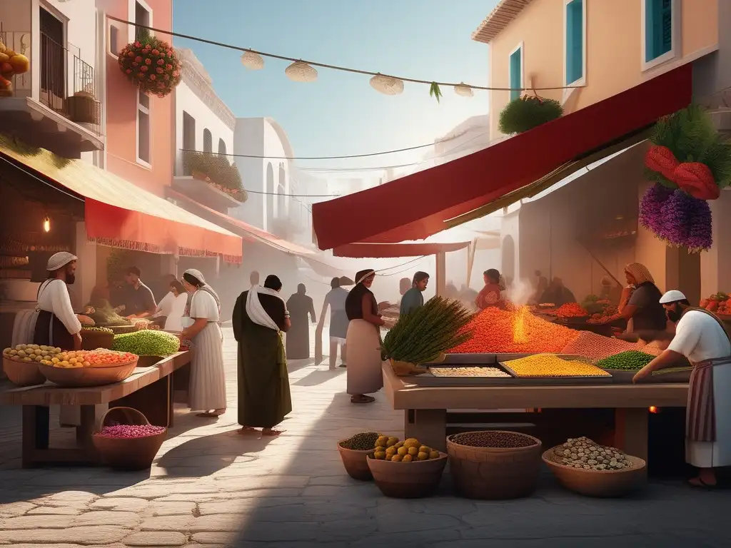 Tradiciones festivas familiares en la Antigua Grecia: mercado griego vibrante con comida, flores y arquitectura clásica
