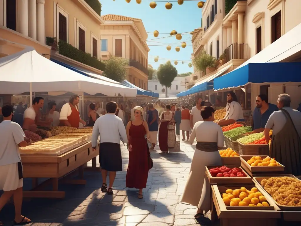 Animada celebración en mercado griego Influencia democrática en festividades griegas: mercado vibrante, ciudadanos participando en discusiones y votaciones, arquitectura tradicional y símbolos griegos