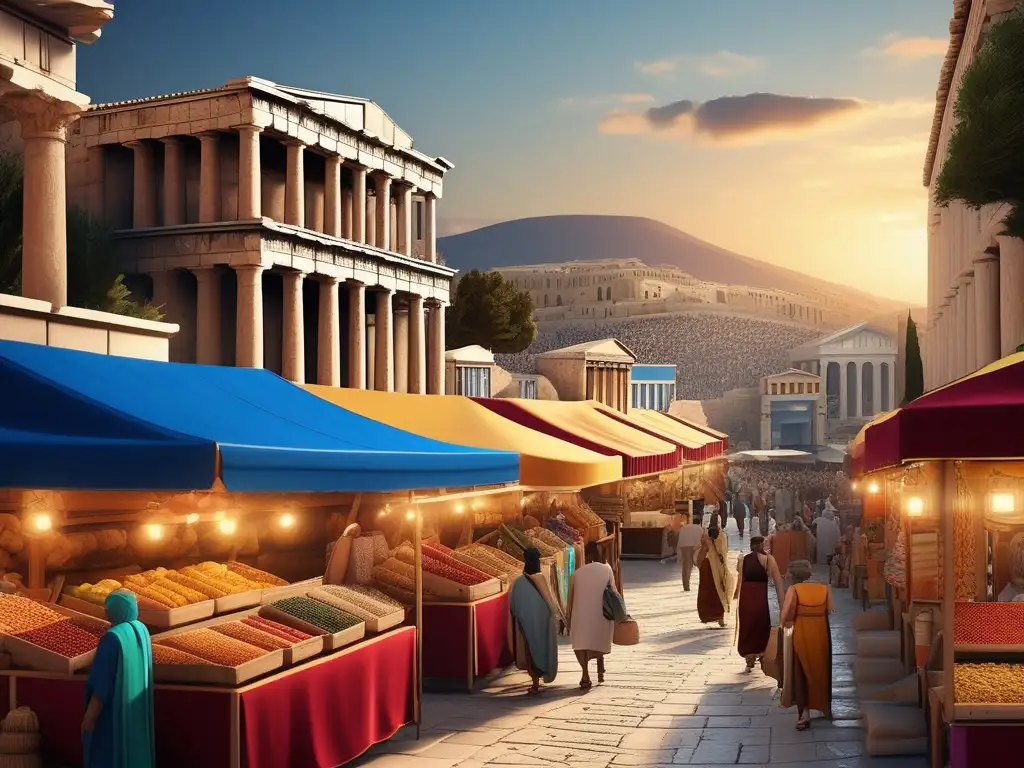 Mercados Antigua Grecia - Escena vibrante y detallada de un bullicioso mercado griego con arquitectura impresionante y productos coloridos