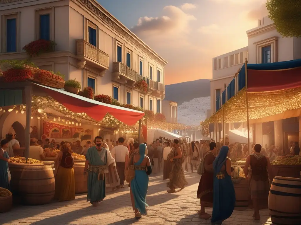 Mercado griego festivo en la antigua Grecia Influencia de la democracia en festividades griegas: Escena vibrante en mercado griego antiguo, con ciudadanos en actividad festiva