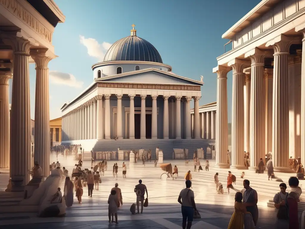 Escena de vida cotidiana en la Antigua Grecia, con mercado animado y arquitectura icónica