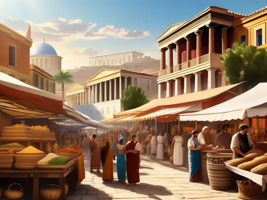 Mercado antiguo griego: Detalles vivos y vibrantes Escena animada de un mercado griego antiguo, reflejando la influencia de las Guerras Médicas en la cultura griega