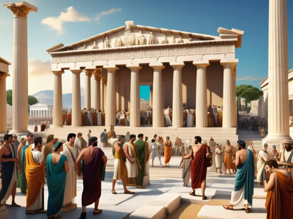 Mercado griego antiguo con diversa vestimenta democrática en Grecia antigua
