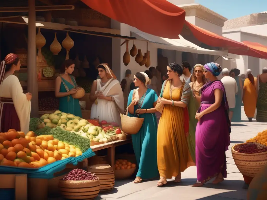 Mujeres olvidadas Antigua Grecia en un vibrante mercado, vestidas con prendas coloridas, conversando y explorando productos