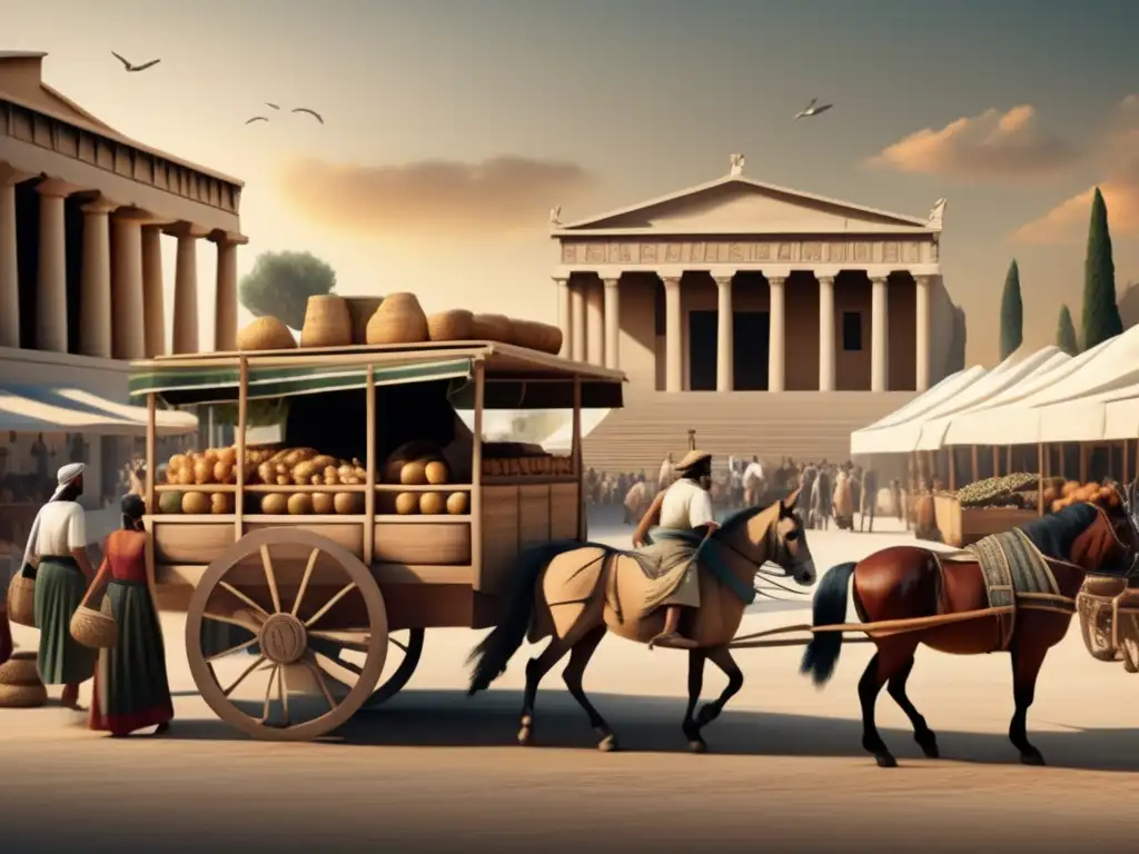 Mercado griego antiguo con carros y agricultura Mercado griego antiguo con carreta tirada por caballos y agricultores cultivando la tierra - Impacto revolucionario de la rueda en la Antigua Grecia