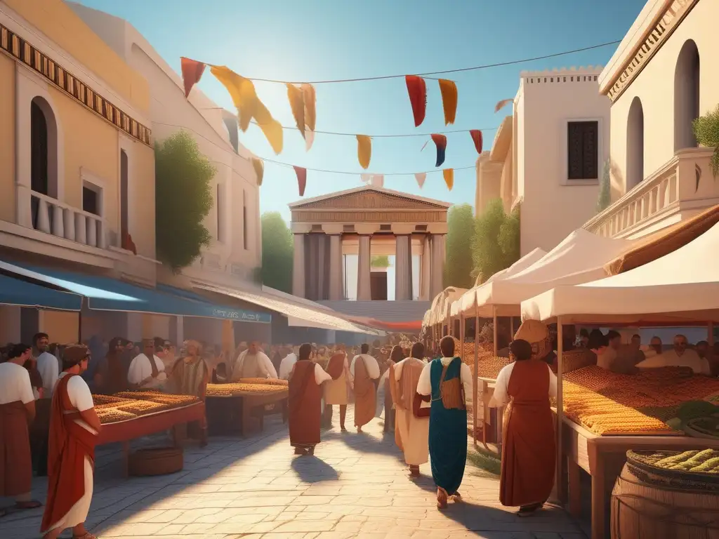 Mercado griego durante festival Influencia de democracia en festividades griegas: animada imagen de bullicioso mercado antiguo, con colores vibrantes y detalles intrincados