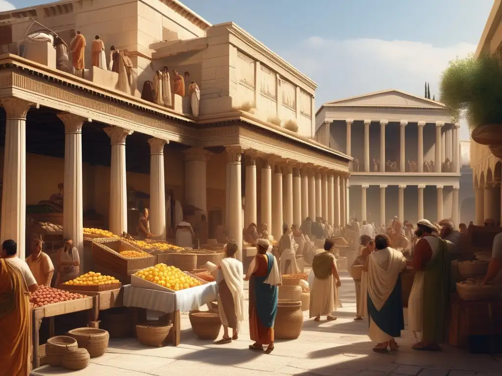 Ajetreo en animado mercado griego con templo al fondo Mercado antiguo en Grecia con actividad económica y el impacto de los impuestos