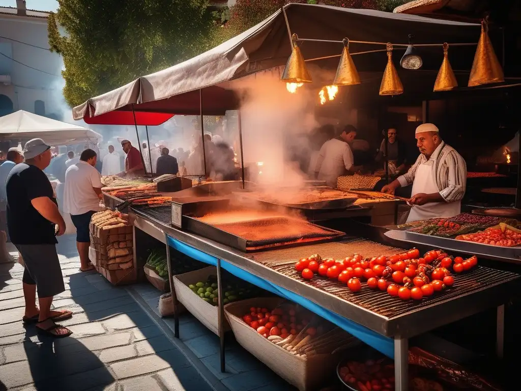 Escena del mercado griego con colores vibrantes y una variedad de puestos