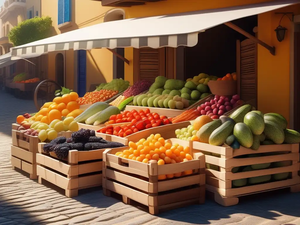 Beneficios de frutas y verduras en la Antigua Grecia - Escena vibrante de un mercado griego con coloridas frutas y verduras en cajas de madera