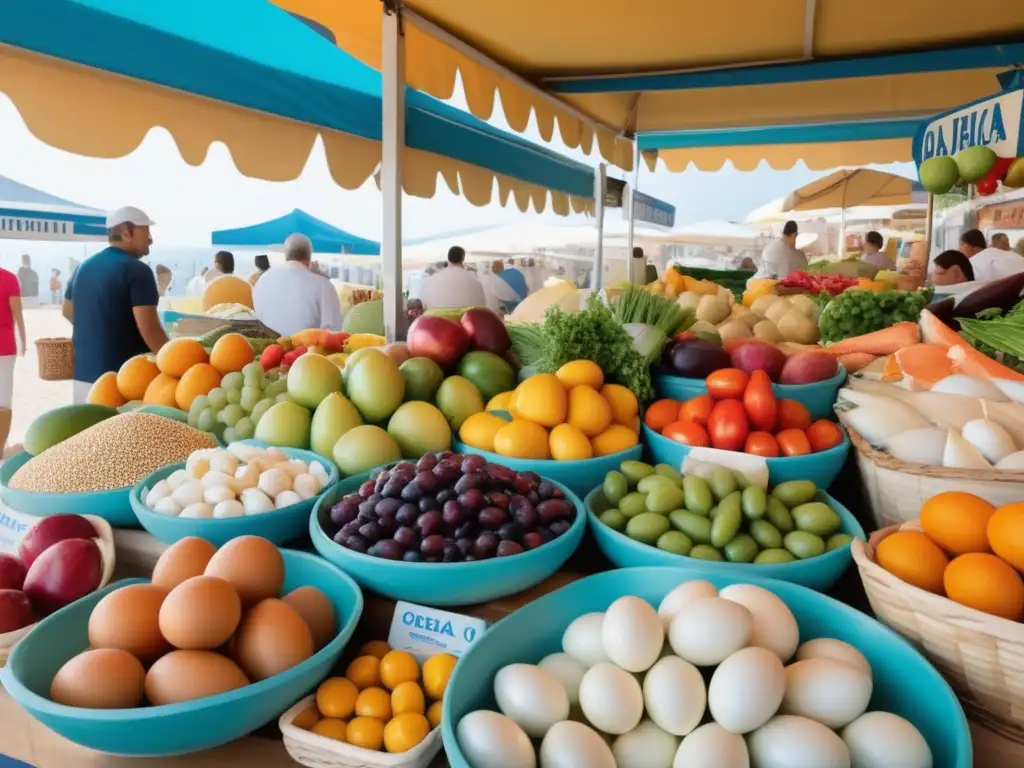 Dieta saludable en la Antigua Grecia: vibrante mercado griego con alimentos frescos y variados, resaltando omega3, calcio y proteínas