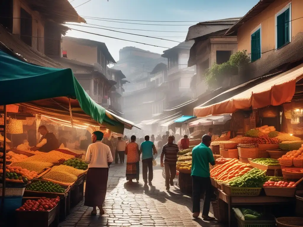 Ferias y mercados en tiempos de guerra: Escena vibrante y colorida de un mercado local en una ciudad devastada