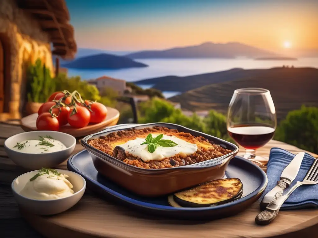 Sabores tradicionales de la Antigua Grecia en una imagen de mesa de madera con moussaka, souvlaki y dolmades