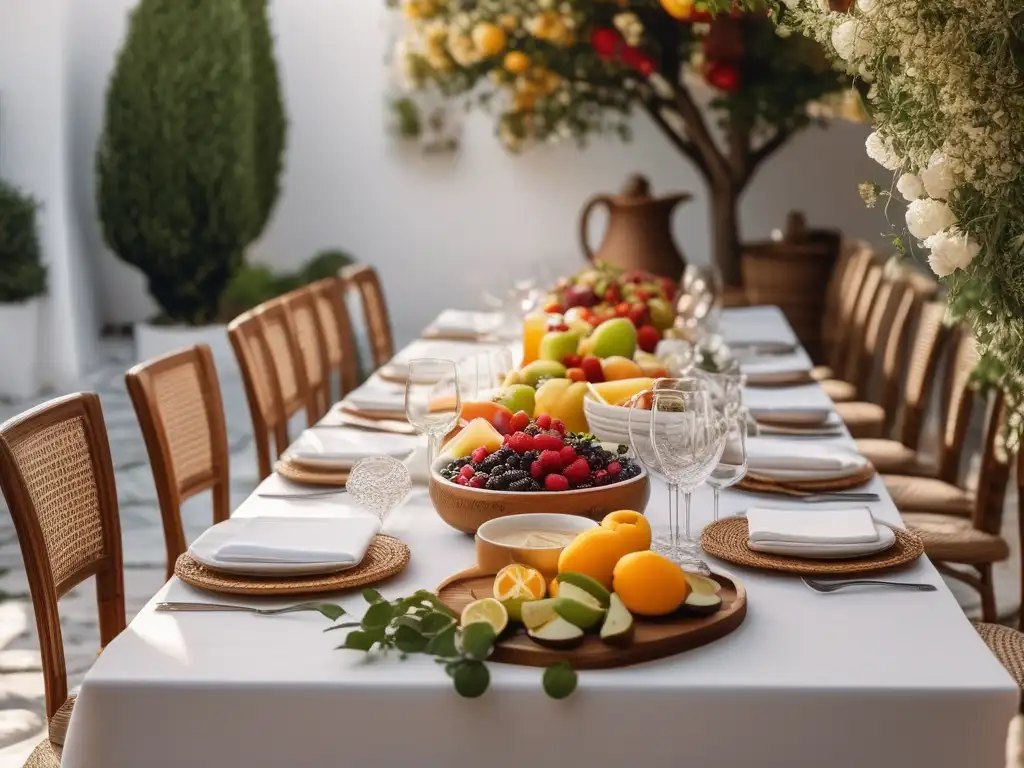 Gastronomía festiva en la Antigua Grecia: mesa al aire libre con platos tradicionales y decoración vibrante