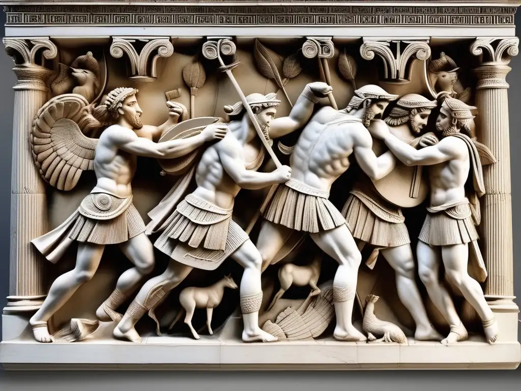 Decoración arquitectónica griega: metope detallada del Partenón, escena de batalla épica entre los Lapitas y los Centauros